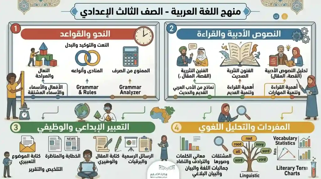 شرح ومراجعة اللغة العربية للصف الثالث الإعدادي مع امتحانات ونماذج بالإجابات وملخصات ليلة الامتحان.