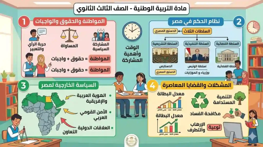شرح تربية وطنية للصف الثالث الثانوى مع أهم الأسئلة والمراجعات ونماذج الامتحانات لتحقيق النجاح بسهولة.