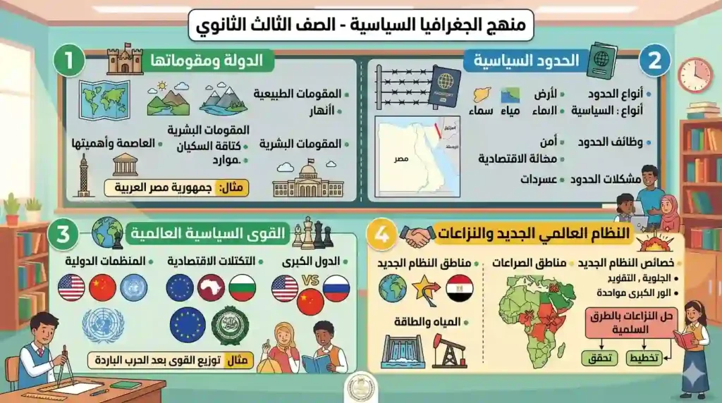 شرح الجغرافيا السياسية الصف الثالث الثانوي مع أهم المفاهيم والخرائط والمراجعات ونماذج الأسئلة لتحقيق التفوق.