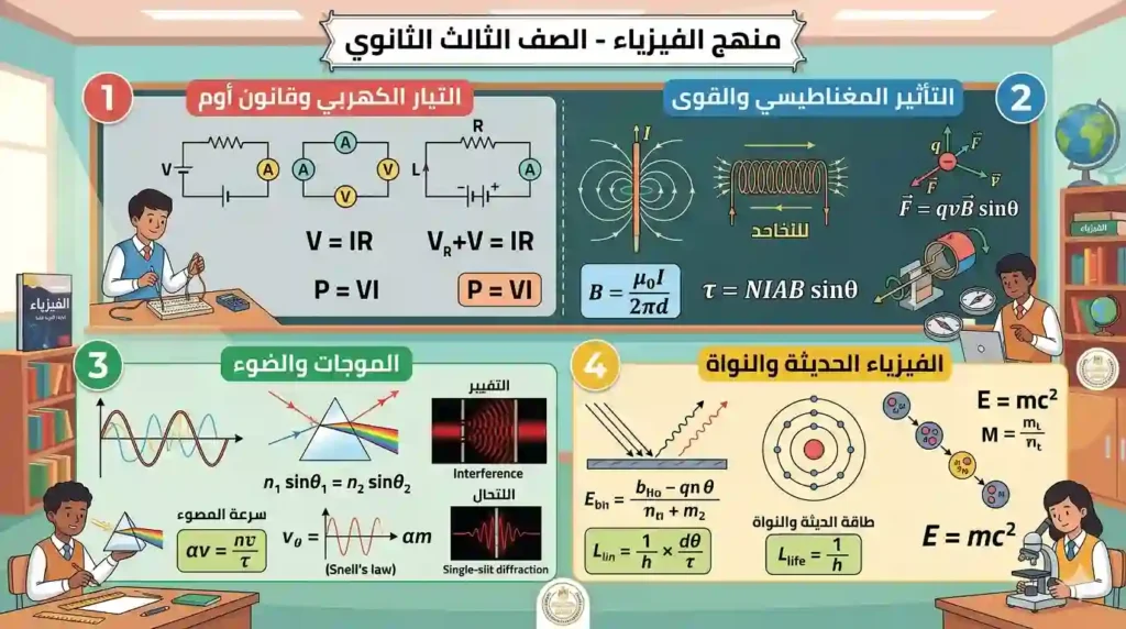 شرح فيزياء ثالثة ثانوى مع أهم القوانين والمفاهيم ونماذج الامتحانات لتحقيق أعلى الدرجات بسهولة.