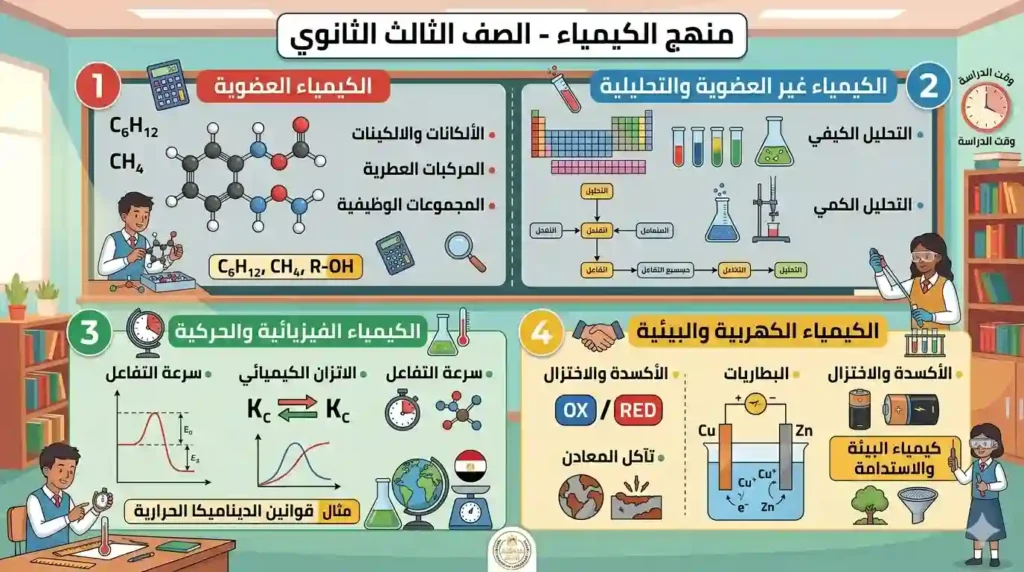 شرح كيمياء للصف الثالث الثانوي مع أهم القوانين والمفاهيم والمراجعات النهائية ونماذج الامتحانات لتحقيق التفوق.