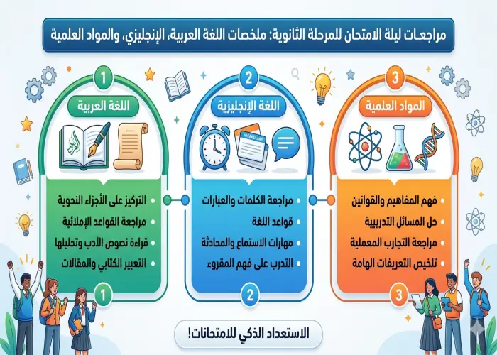 "مراجعات ليلة الامتحان للمرحلة الثانوية: ملخصات اللغة العربية، الإنجليزي، والمواد العلمية".