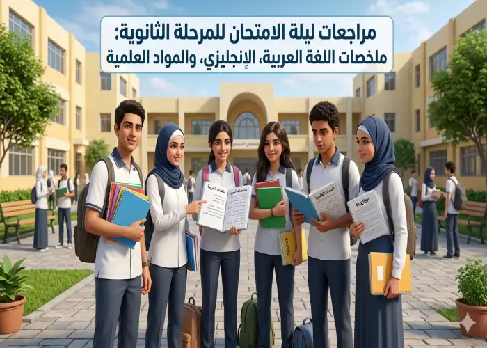 "مراجعات ليلة الامتحان للمرحلة الثانوية: ملخصات اللغة العربية، الإنجليزي، والمواد العلمية".
