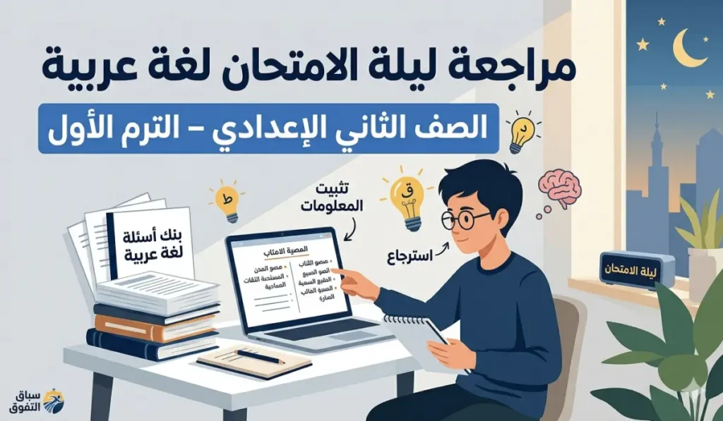 ومراجعة ليلة الامتحان لغة عربية للصف الثاني الاعدادي ترم اول كخطوة أساسية لتثبيت المعلومات واسترجاع أهم أجزاء المنهج قبل دخول الامتحان بثقة.